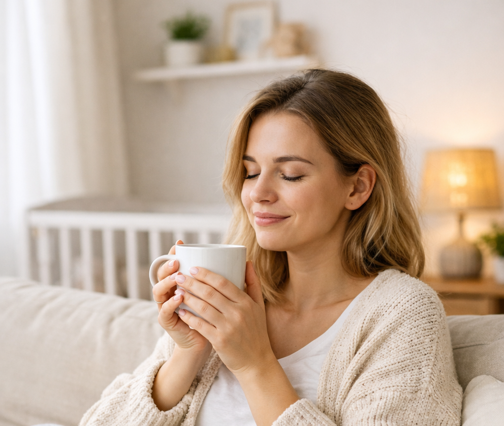 Realistic Self-Care for Busy Moms (When You Have Zero Free Time) relaxing mom with tea